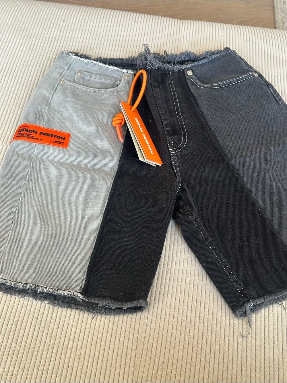 Heron Preston Two-Tone Gray and Black Denim Shorts with Orange Tag